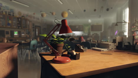 el escritorio vacío de la clase por la noche.