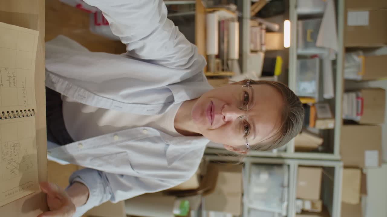Woman Talking on Camera in Online Store Warehouse