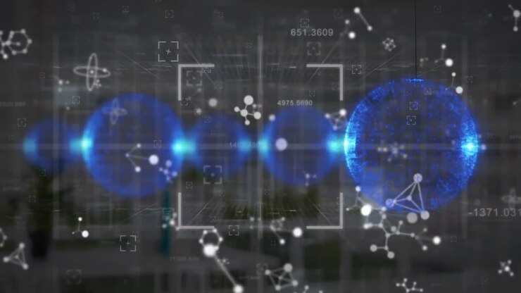 Animation of baubles with molecules and data processing over office