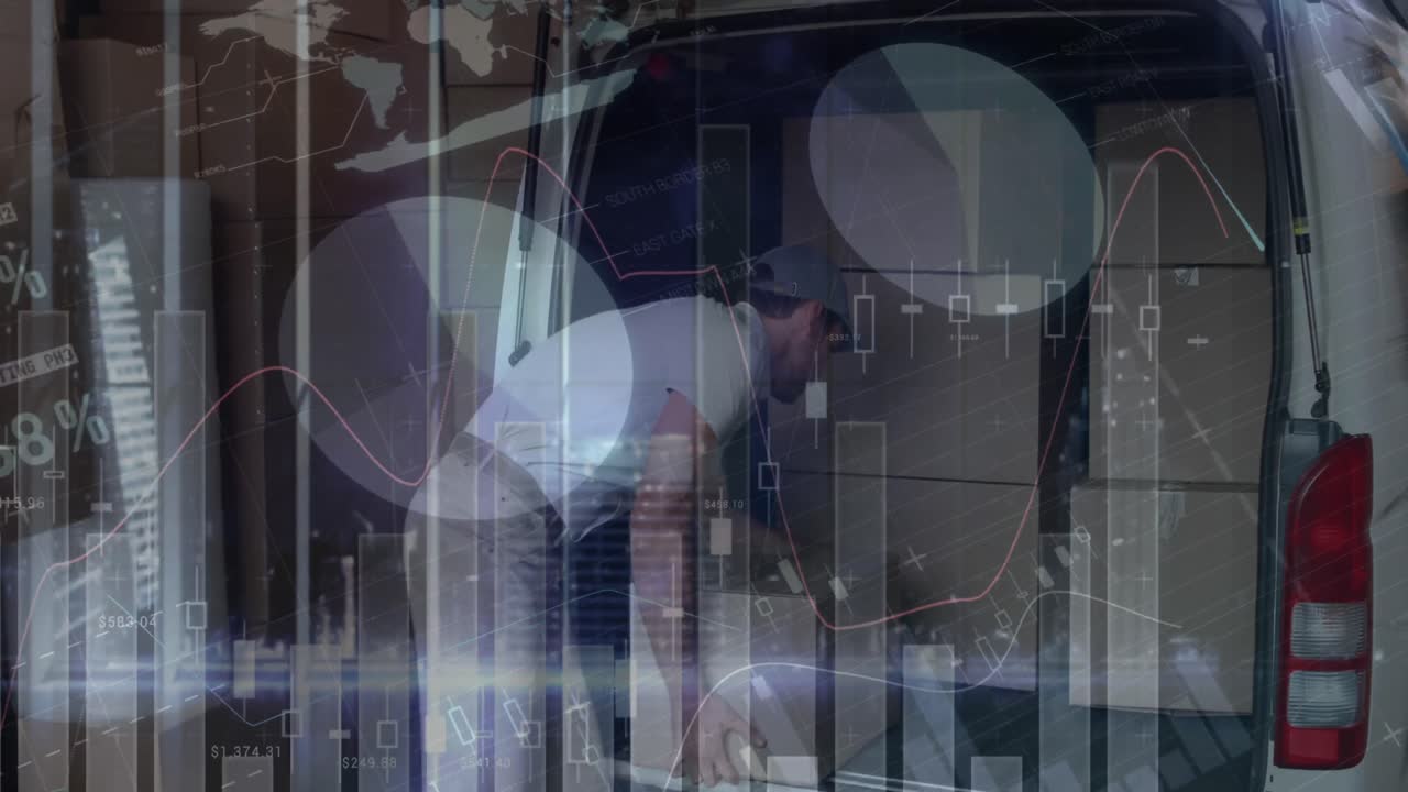 그의 배달 밴에 상자를 쌓는 백인 배달 남자에 대한 통계 데이터 처리