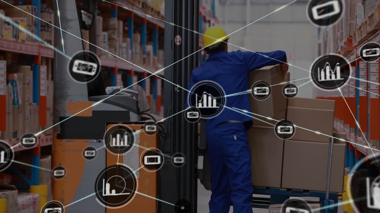 Moving boxes in warehouse, worker with data processing animation overlay