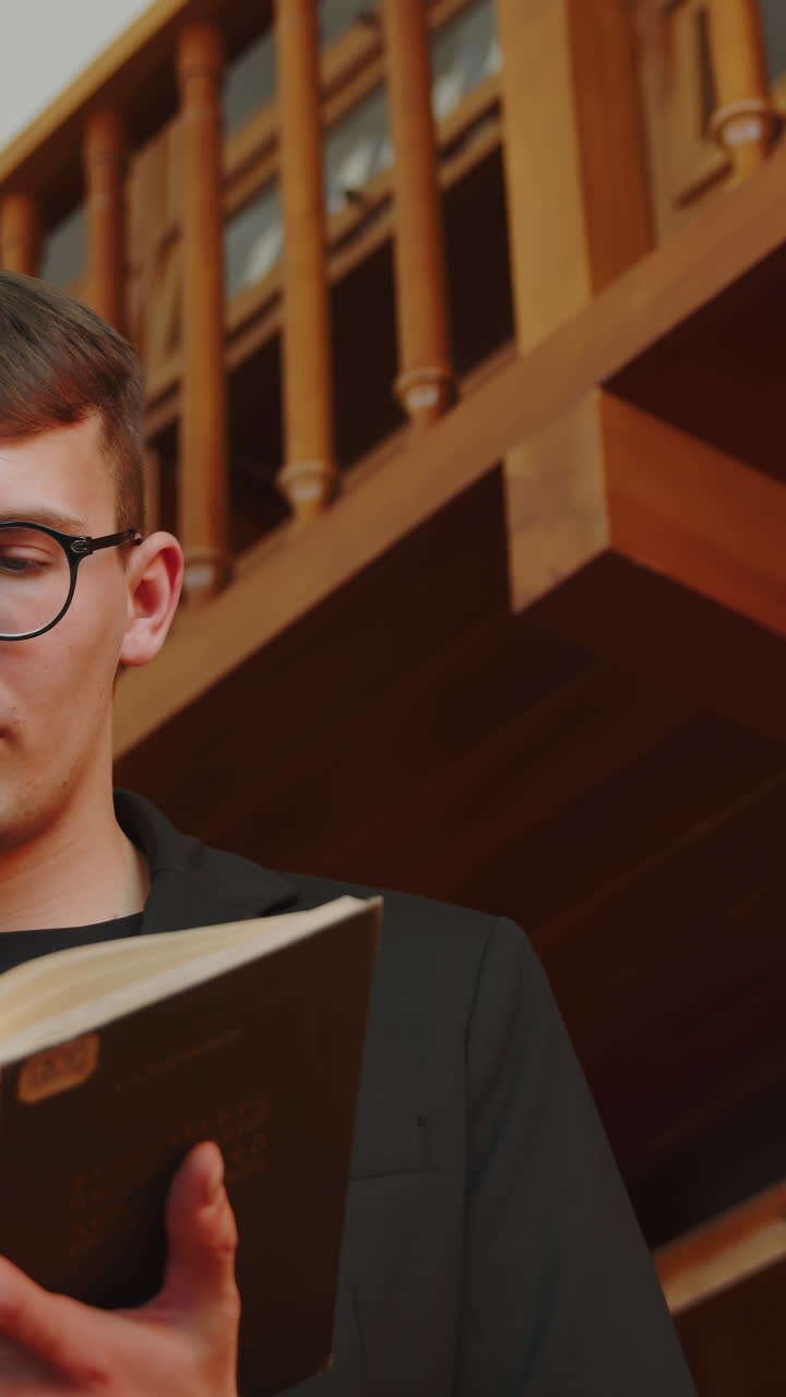 Mand læser en bog i et bibliotek