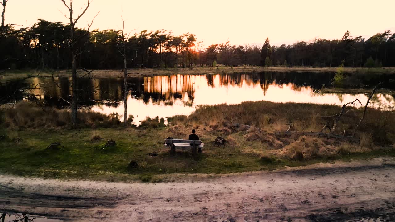 puesta de sol sobre un lago forestal