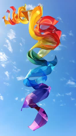 silk ribbons with rainbow colors flying in the wind on a blue sky background