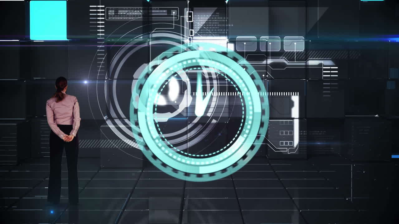 Animation of clock moving fast over caucasian businesswoman and data processing on screen