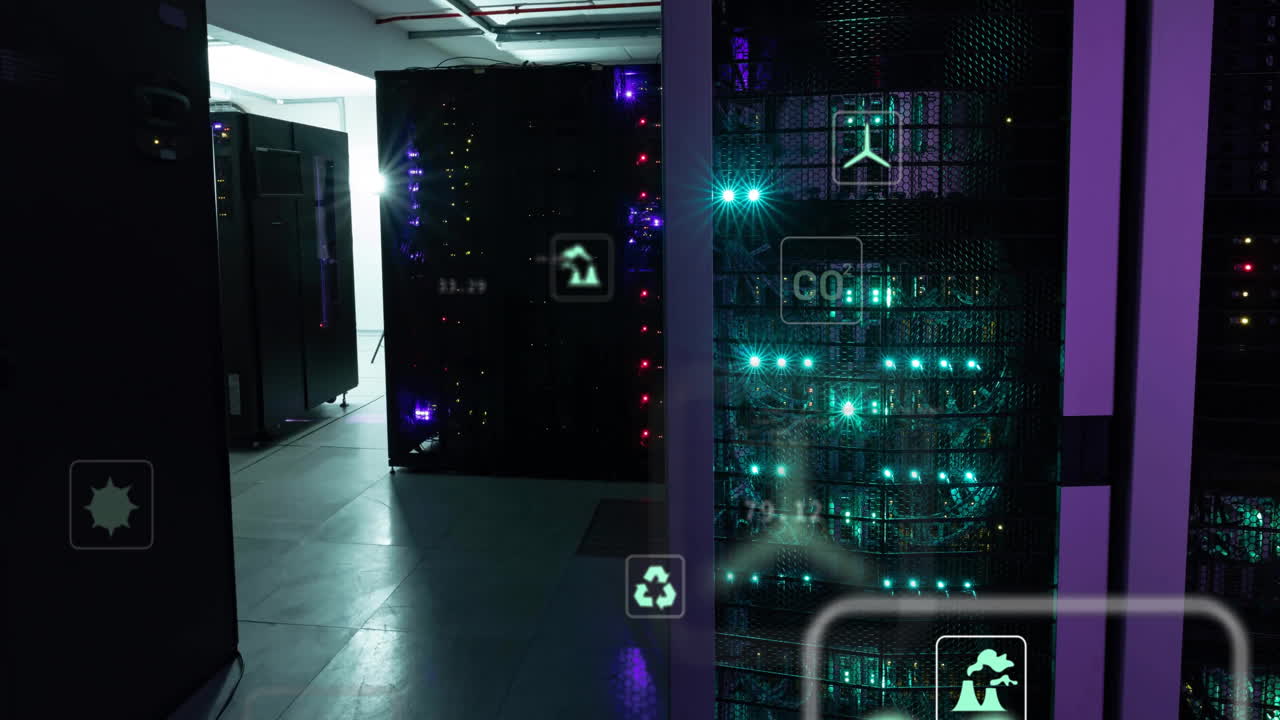 animación de iconos ecológicos y procesamiento de datos a través de servidores informáticos.