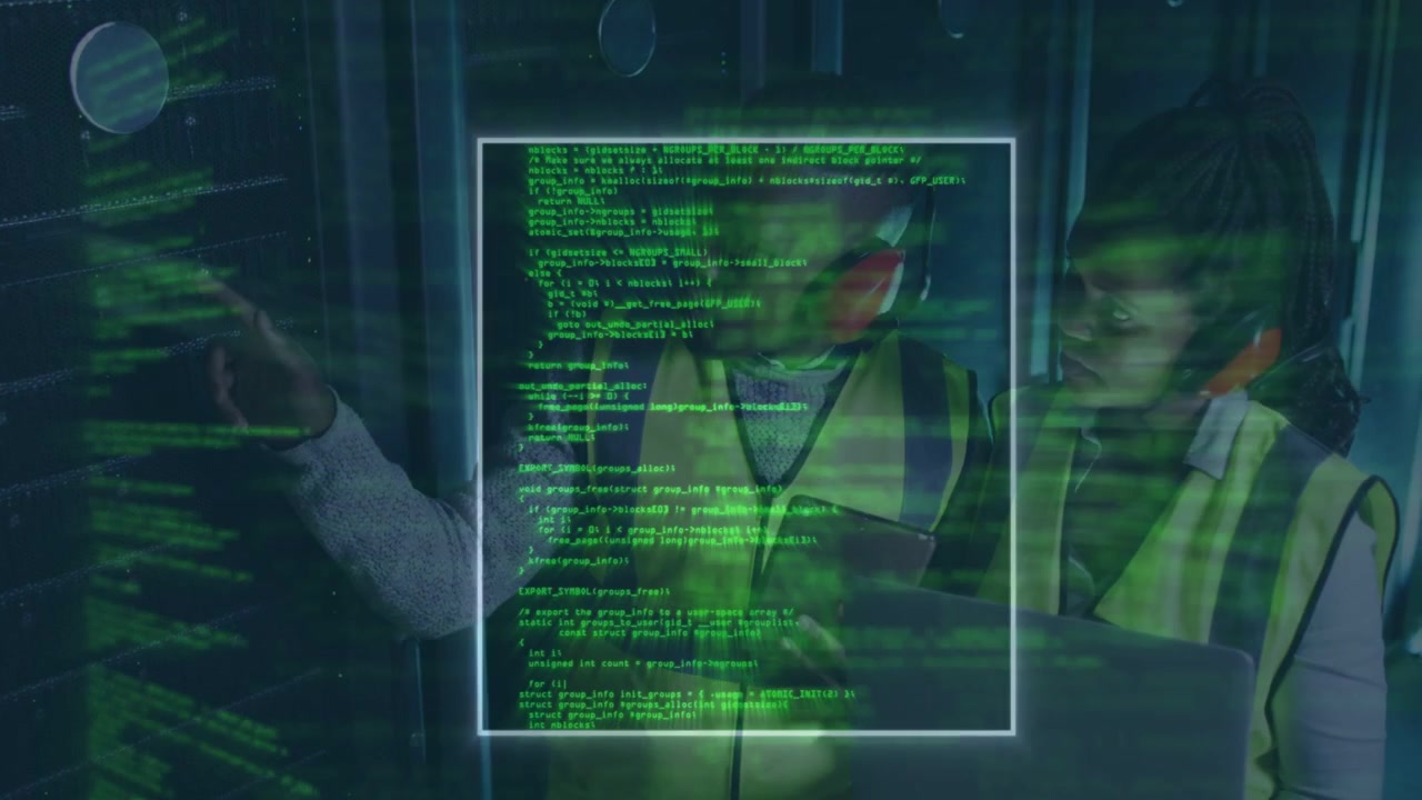 Two techs inspecting racks in datacenter green overlay forming code window male pointing tablet