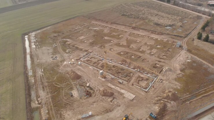 An empty construction site for a hall and its foundations