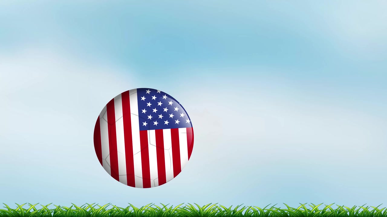 Animeret fodbold med amerikansk flagtekstur hopper hen over grønt græs under blå himmel