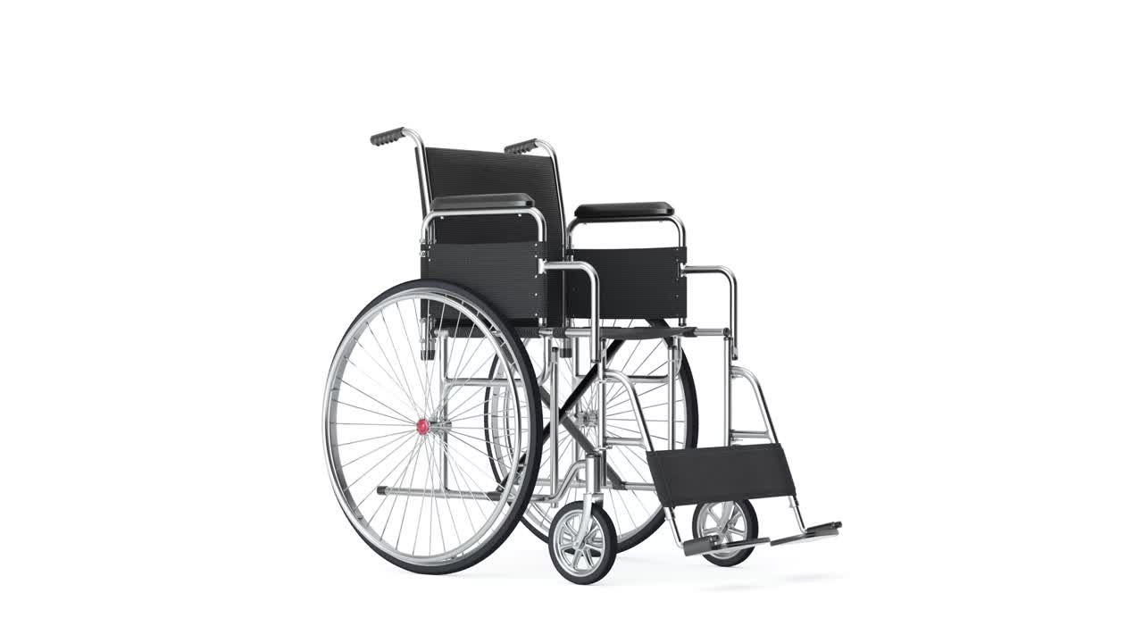 video a risoluzione 4k: sedia a rotelle vuota che ruota su uno sfondo bianco con animazione a loop alfa matte