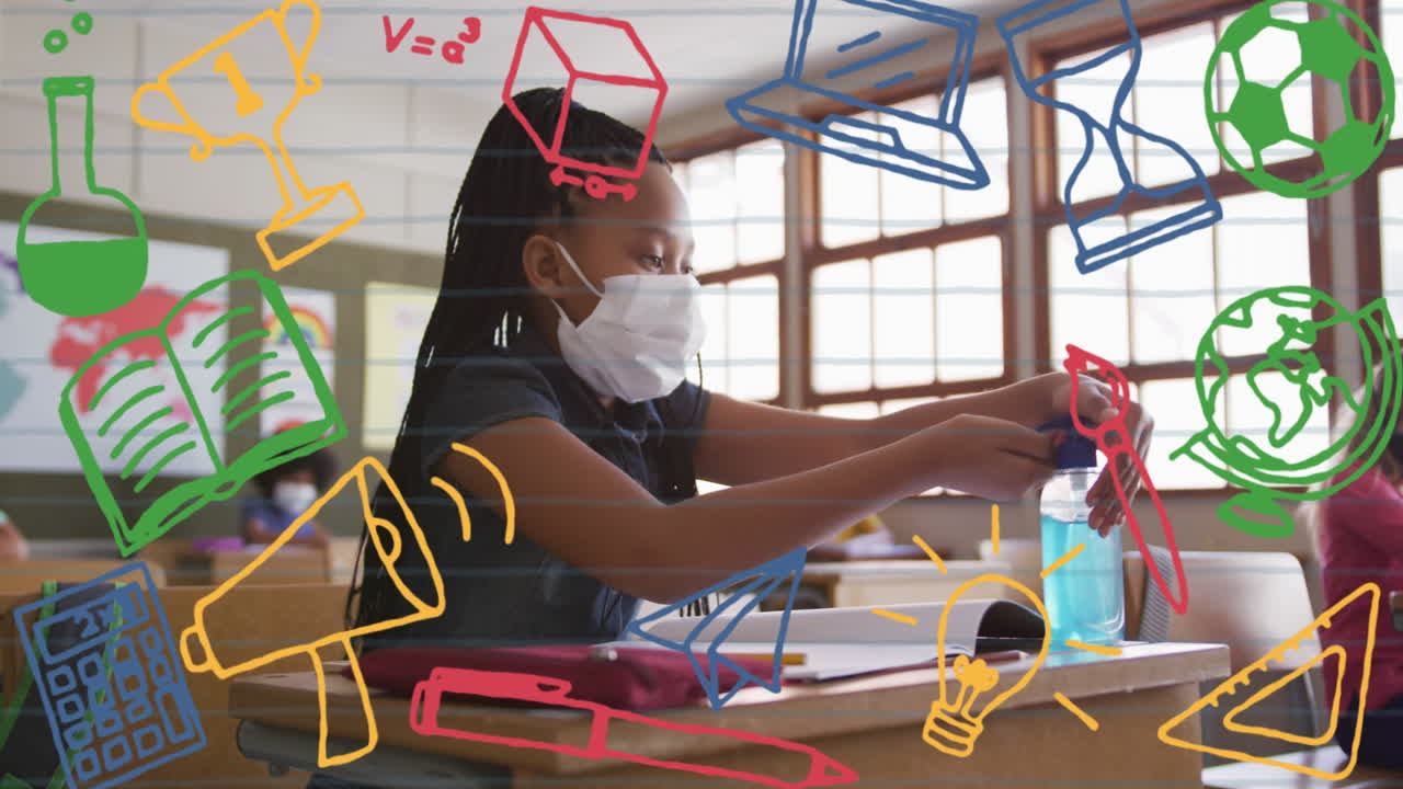 animación de objetos escolares iconos que se mueven sobre escolares que llevan máscaras faciales