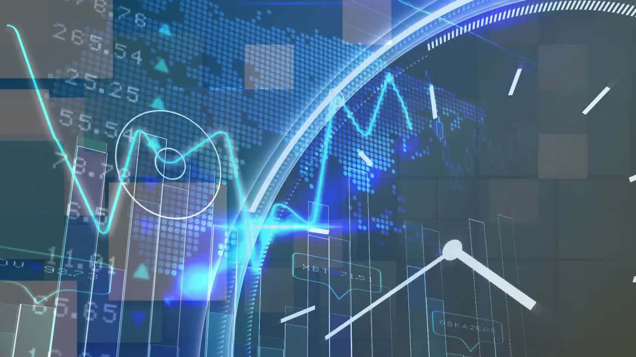 그래프, 금융 데이터 및 움직이는 시계의 애니메이션