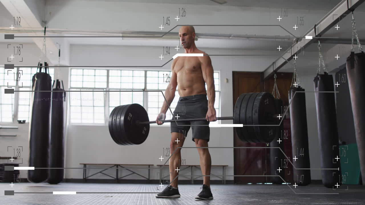 체육관에서 바벨을 들어 올리는 백인 남성에 대한 데이터 처리의 애니메이션