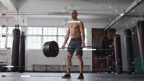 animation of data processing over caucasian man lifting barbell at gym