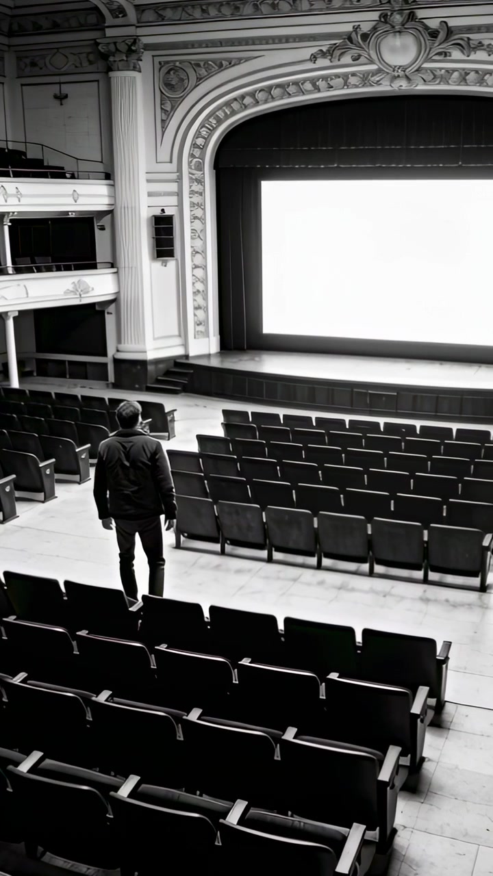Video verticale: Uomo in giacca e berretto che si alza e si muove lungo il corridoio in un teatro ornato per vedere uno schermo illuminato.