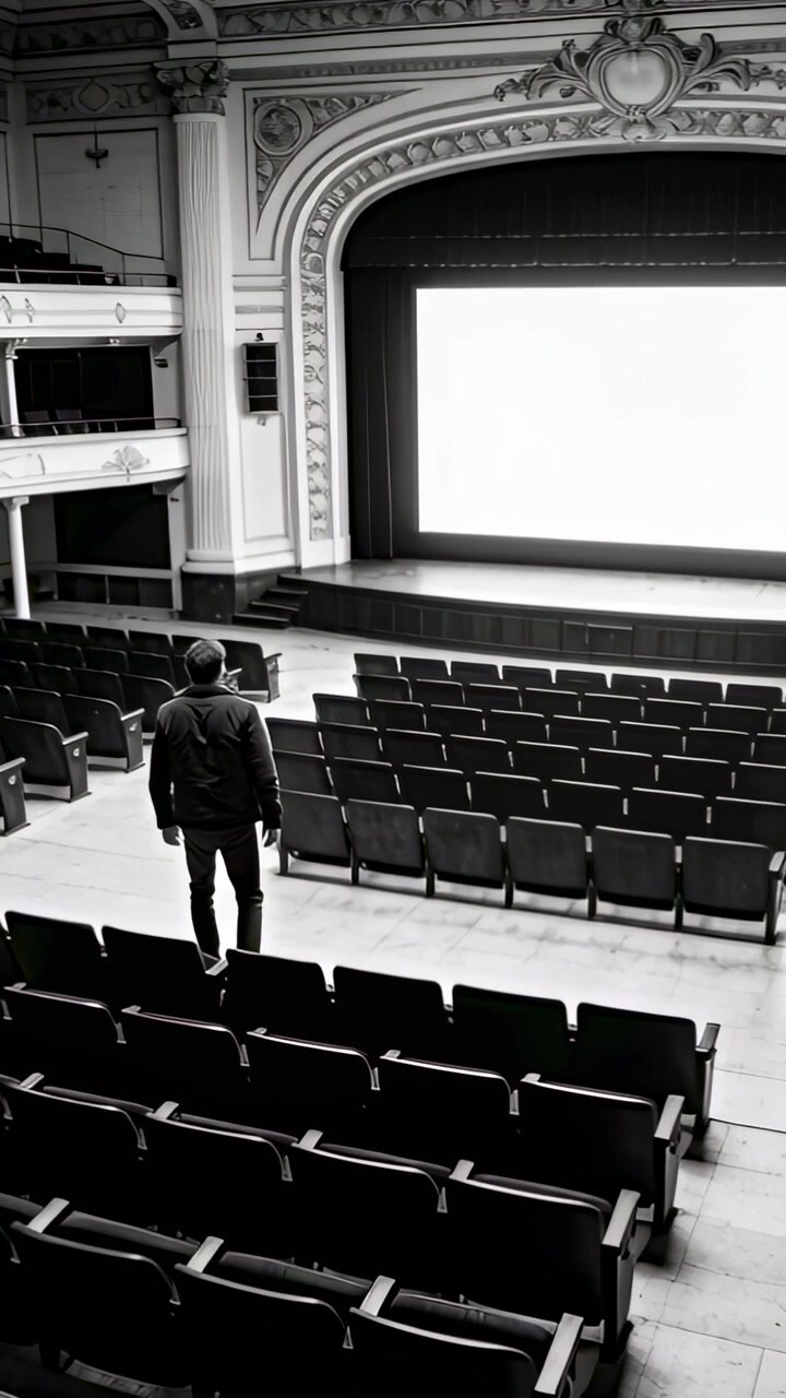 Video verticale: Uomo in giacca e berretto che si alza e si muove lungo il corridoio in un teatro ornato per vedere uno schermo illuminato.