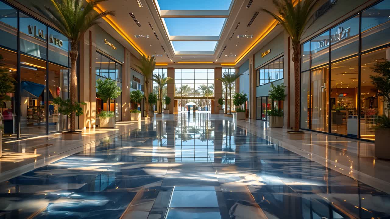 Luxurious Modern Shopping Mall Interior with Reflective Floors and Palm Trees