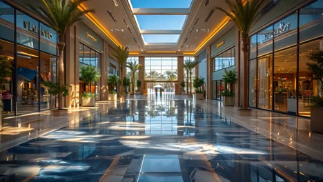 luxurious modern shopping mall interior with reflective floors and palm trees