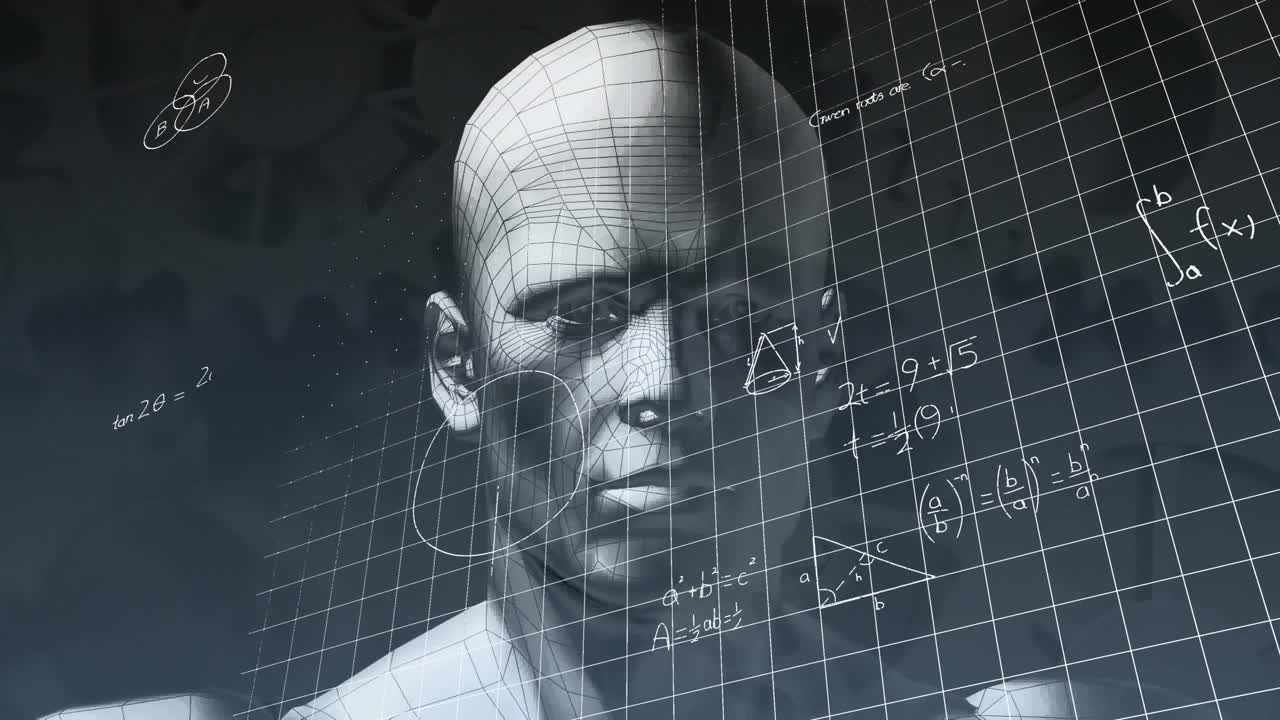 Animation of mathematical equations over human head model spinning and gear icons
