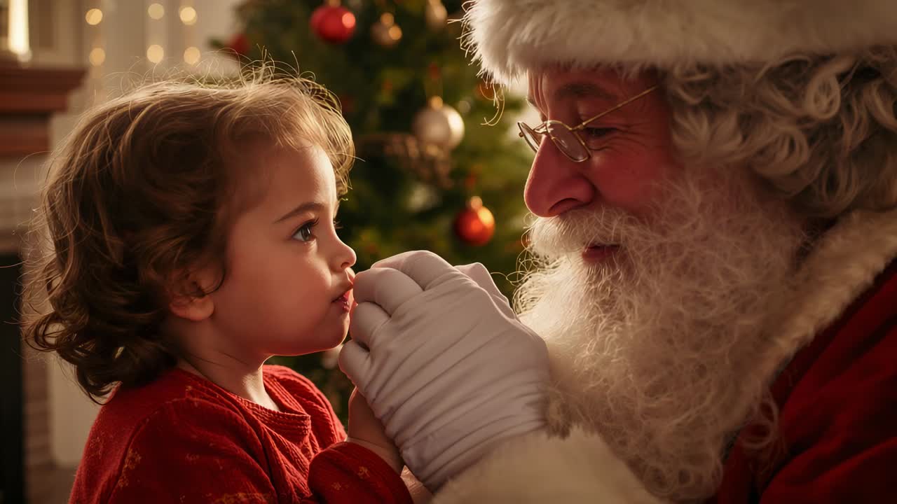 Raising gloved hand, Santa touching child's lips at home, comforting with Xmas tree and red sweater