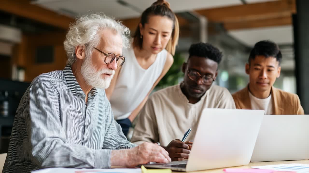 A Collaborative Learning Experience: Individuals Engaged in Group Discussion Over Laptops with Diverse Perspectives and Shared Knowledge in a Modern Workspace Environment