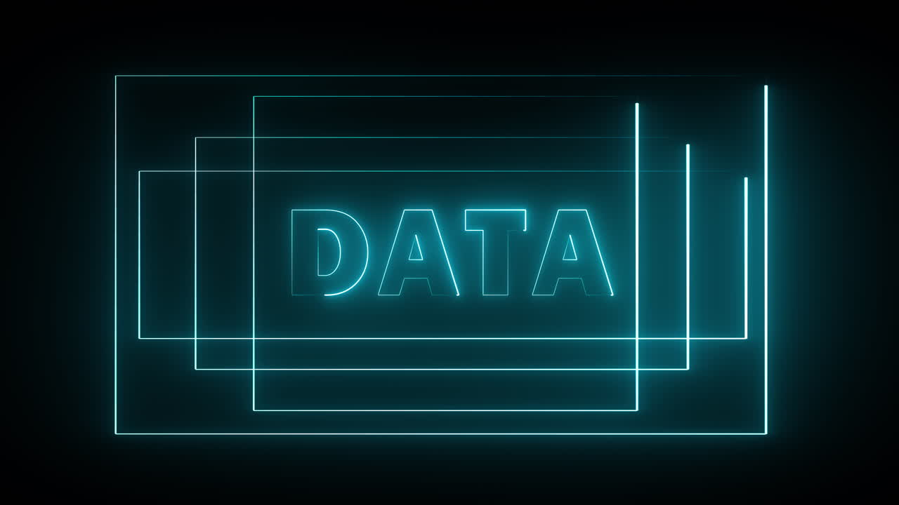 High-tech motion graphic featuring an abstract computer chip design with "DATA" text, illuminated by bright rectangular light lines and digital data paths. Ideal for videos about tech and information