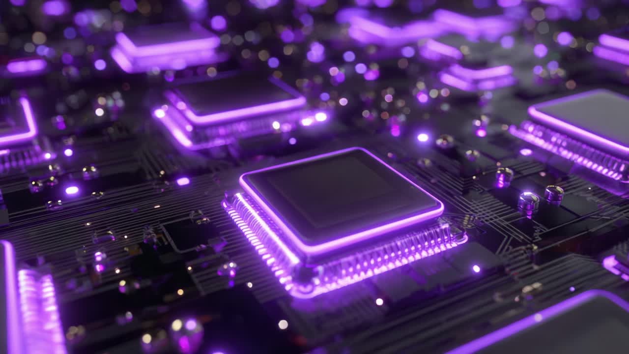 A Detailed Close-Up View of a Futuristic Circuit Board Showcasing Vibrant Purple Light Effects on Microprocessors and Various Electronic Components, Emphasizing the Complexity of Modern Technology