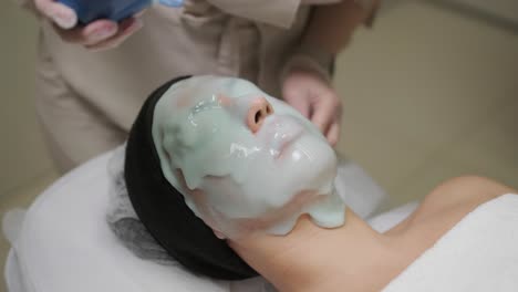 은 층의 알기나트 마스크를 사용하여 피부 재생과 수분을위한 진정하는 얼굴 치료