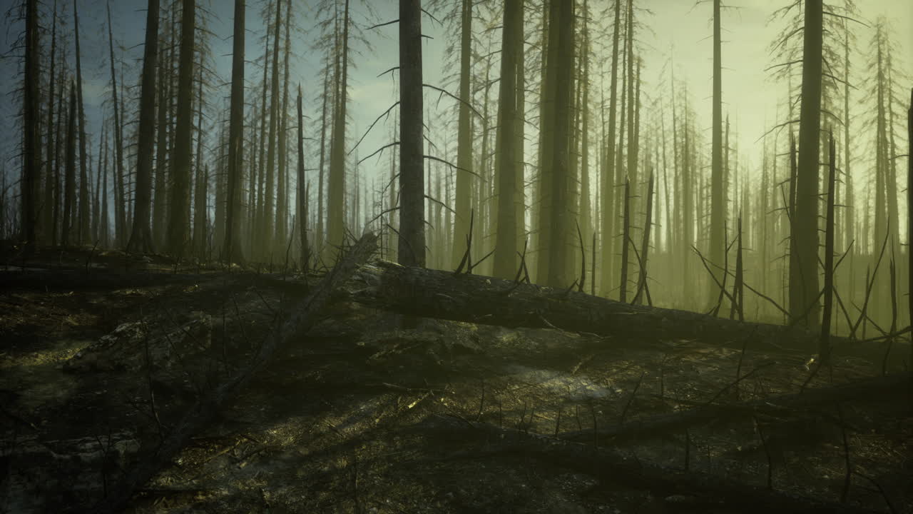 Forest recovery after wildfire in a misty morning atmosphere at dawn