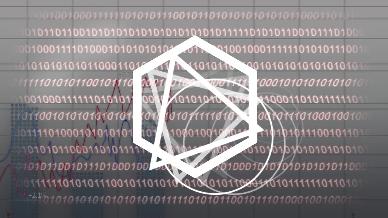 Animation of geometrical shapes over binary code and graph in beige space