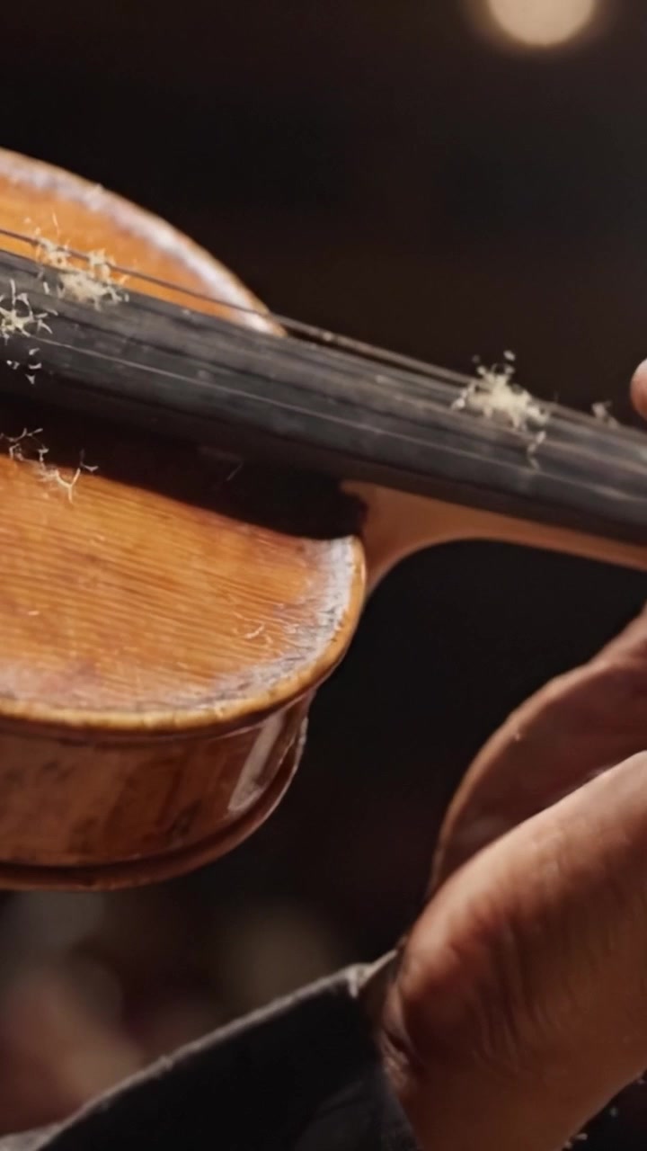 Un primo piano delle mani di un musicista esperto che suona il violino, evidenziando l'arte e la precisione dell'esecuzione di strumenti a corda in un momento accattivante