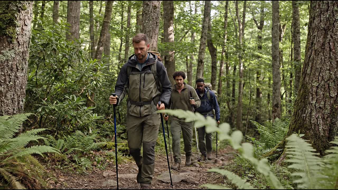 Três homens fazendo trilha por uma floresta verde exuberante