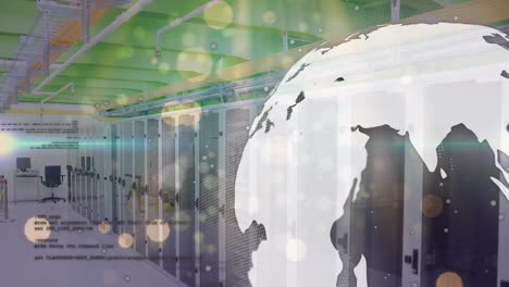 animation of globe and computer language over lens flares against server room