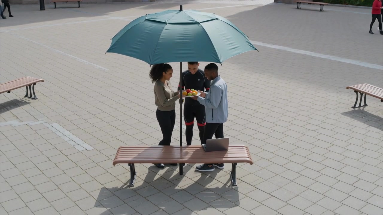 Una donna con un top color oliva che offre mele mentre un'amica atletica osserva la piazza sotto un ombrellone color verde acqua.
