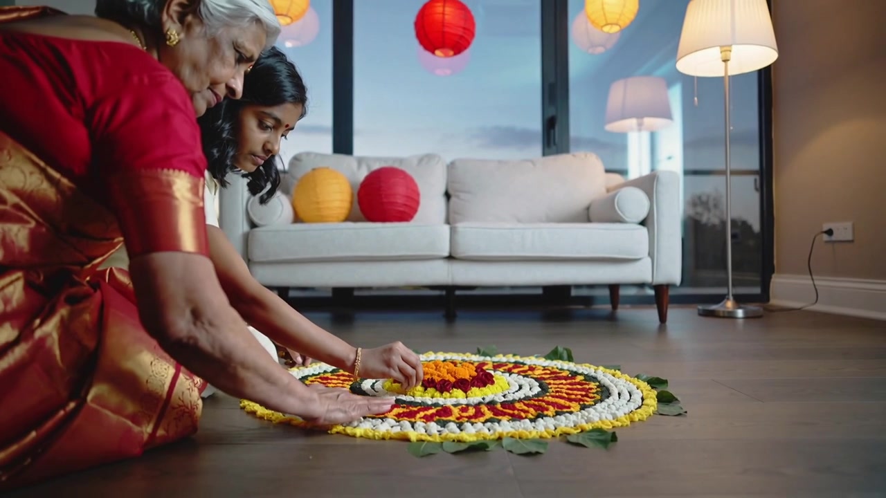 Mano che preme petali, un'anziana in sari che guida una ragazza mentre crea un rangoli sul pavimento del soggiorno per una festa.
