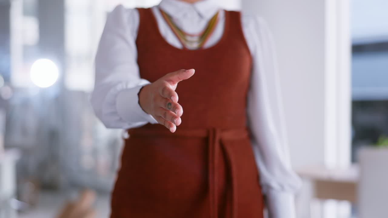 Handshake, offer of business woman for welcome