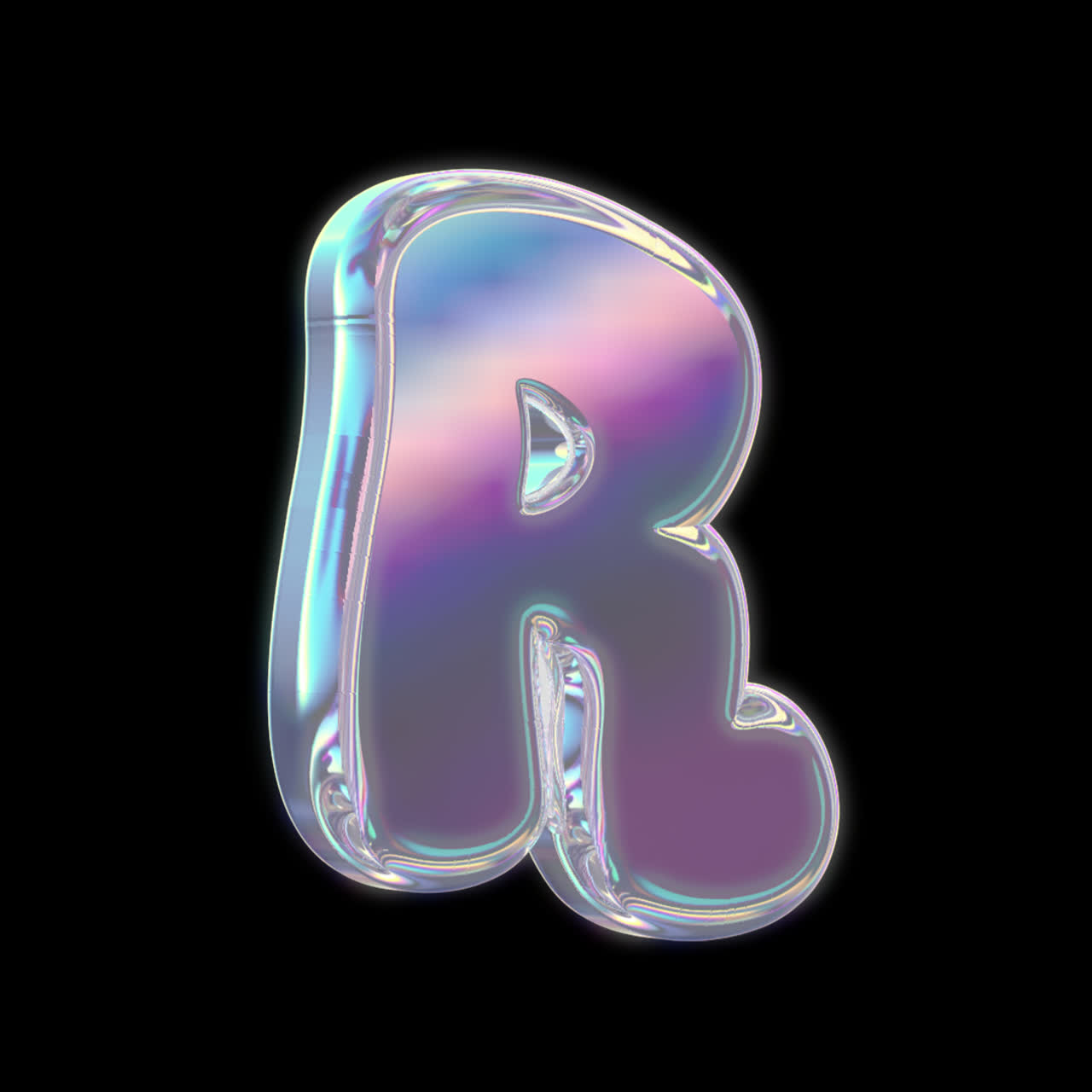 Iridescent Bubble Letter R Rotating on Black Background