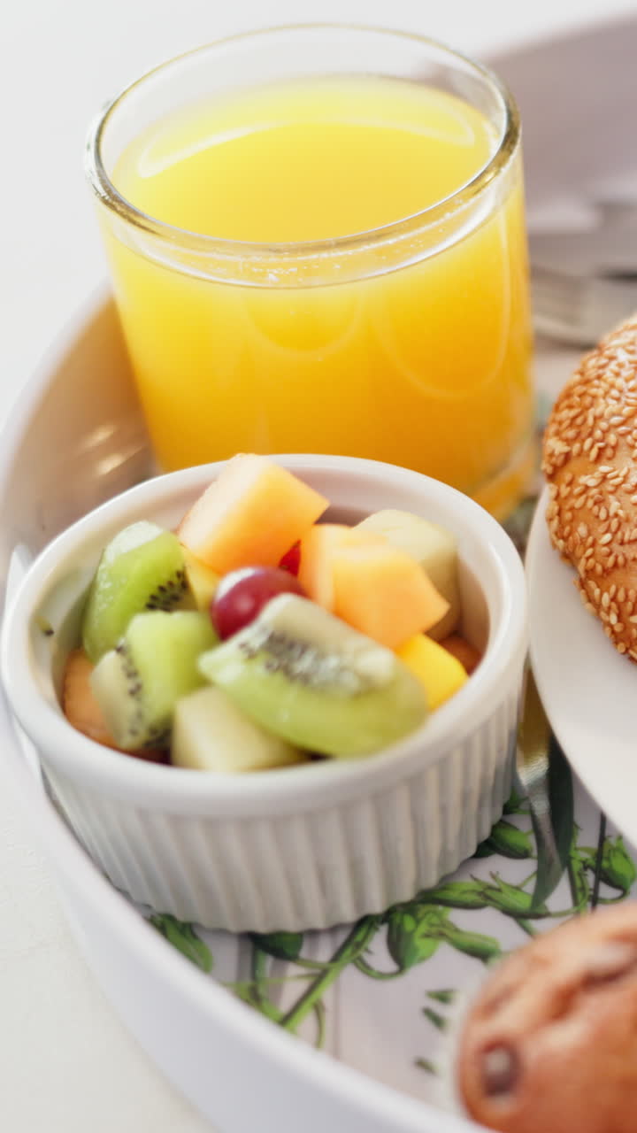 Breakfast with Bagel, Orange Juice and Fruit
