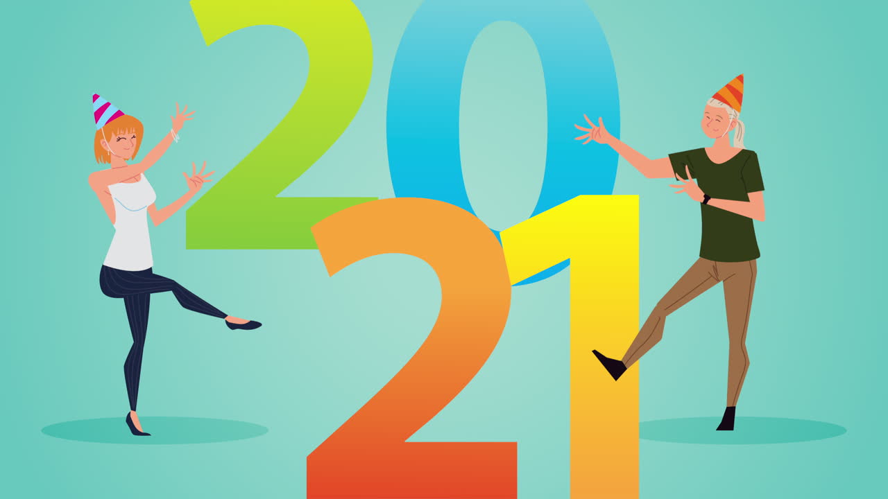 feliz año nuevo 2021 celebración con números coloridos y pareja celebrando