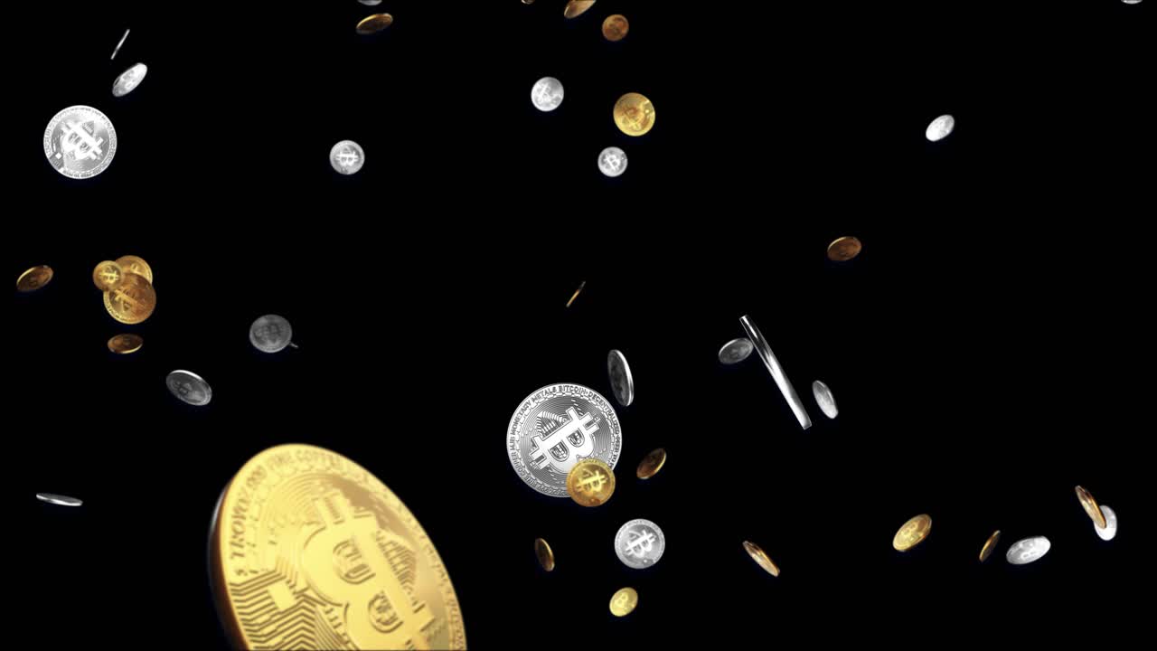 4k gold and silver bitcoins falling down on black green screen loop animation 3d background concept