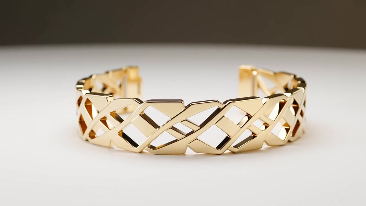 Mostrando un bracciale aperto d'oro con luci scintillanti che si spostano su un supporto bianco per l'esposizione, motivo a rete
