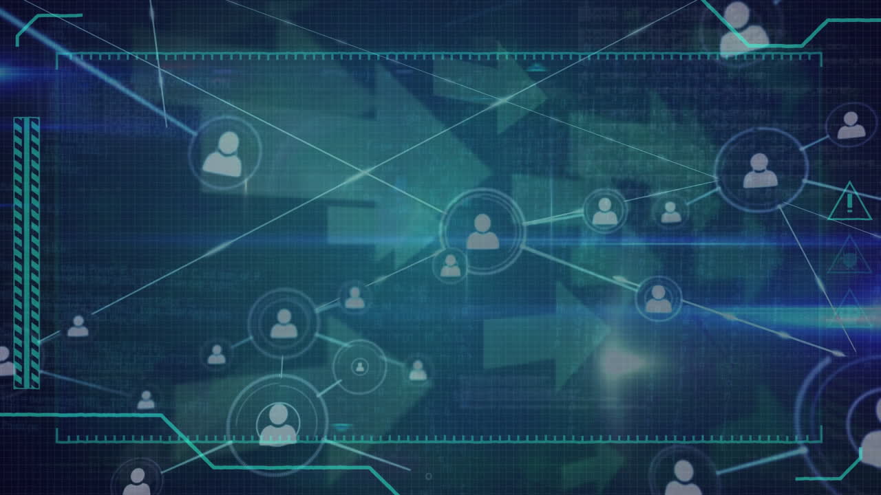 Animation of network of connections with people icons over arrows and data processing