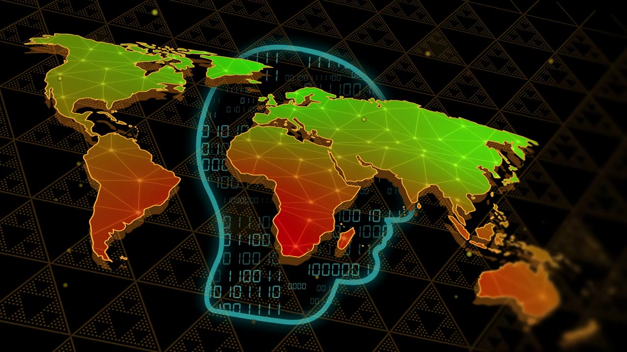 Mappa che si illumina, contorno di un teschio ciano che si disegna e si riempie di codice binario, illustrando il rischio informatico
