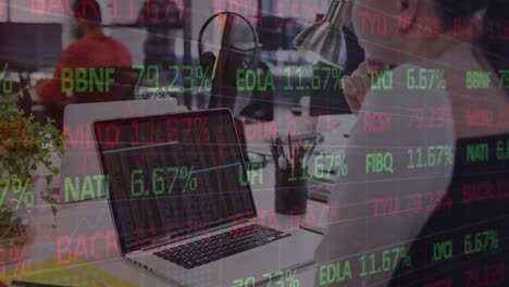 animación del procesamiento de datos del mercado de valores contra una mujer caucásica haciendo una llamada de video en una computadora portátil.