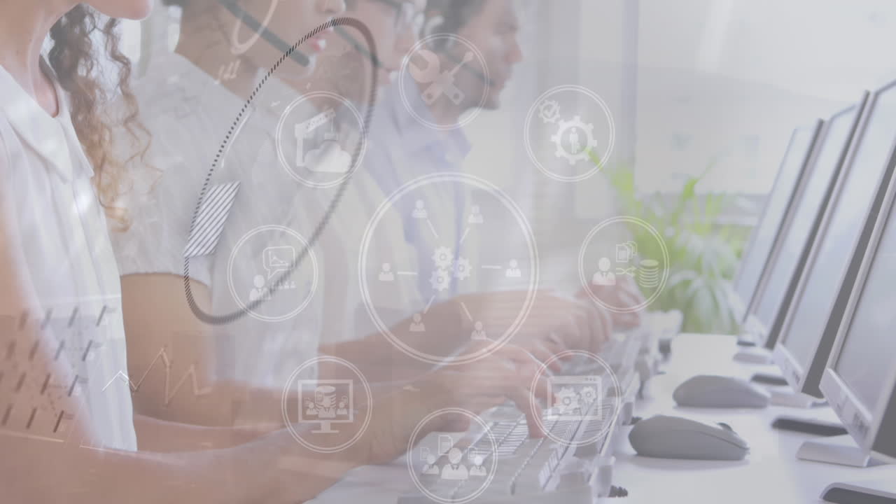 사무실에서 일하는 비즈니스 사람들 위에 데이터 처리 및 아이콘의 애니메이션