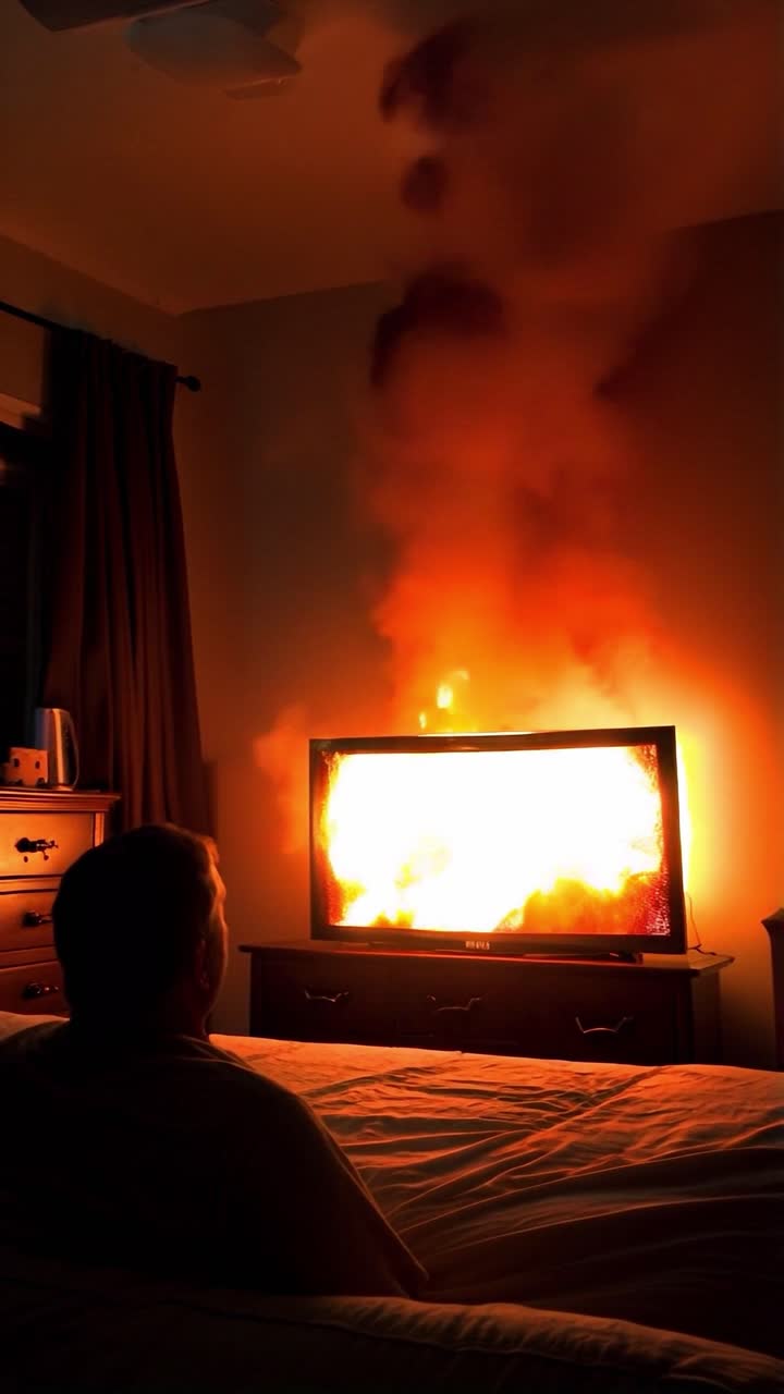 남자 는 tv 가 불 을 붙이는 것 을 지켜보고 있다