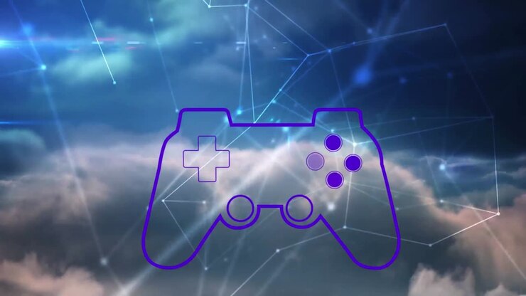 Animation of videogame controller icon over network of connections against clouds in the blue sky