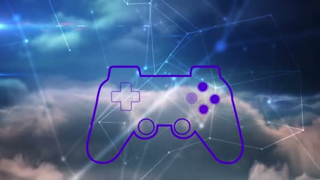 animación del icono del controlador de videojuego a través de una red de conexiones contra nubes en el cielo azul.