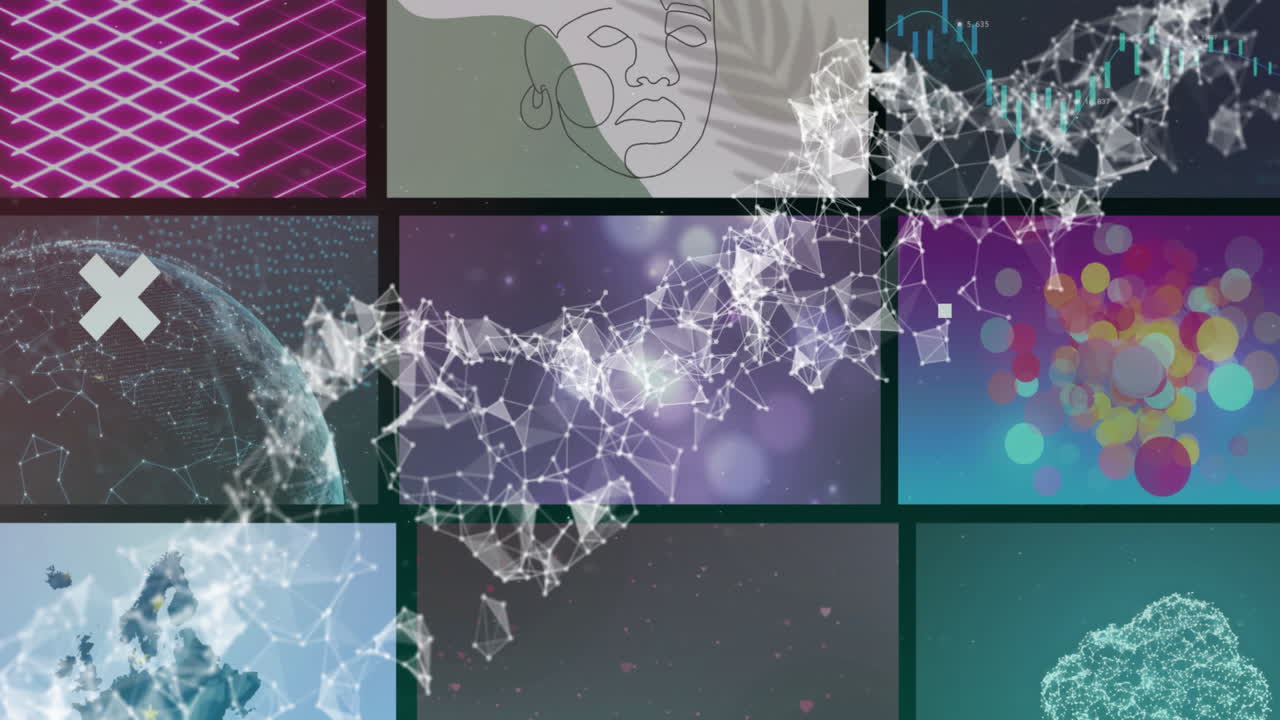 conexiones de red digital y procesamiento de datos a través de varias animaciones abstractas