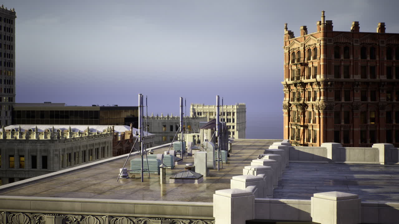 Urban skyline with rooftop structures and historic architecture in daylight